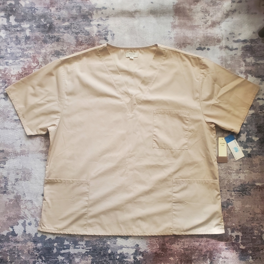 Young USA Adult Unisex Khaki V Neck Scrub Top 2X